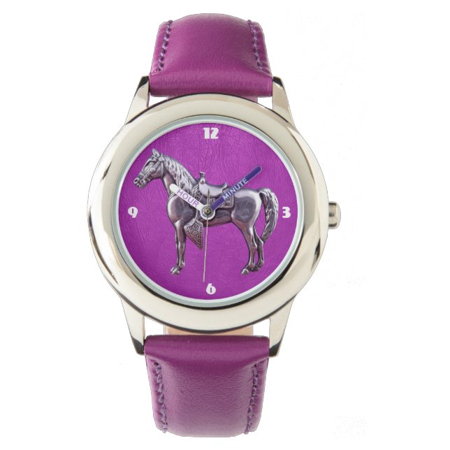 SILVER WESTERN HORSE Purple Leather Watch (Front)