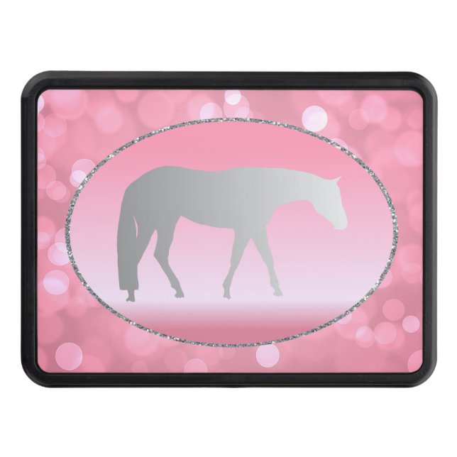 Silver Western Pleasure Horse on Pink Brokeh Trailer Hitch Cover (Front)