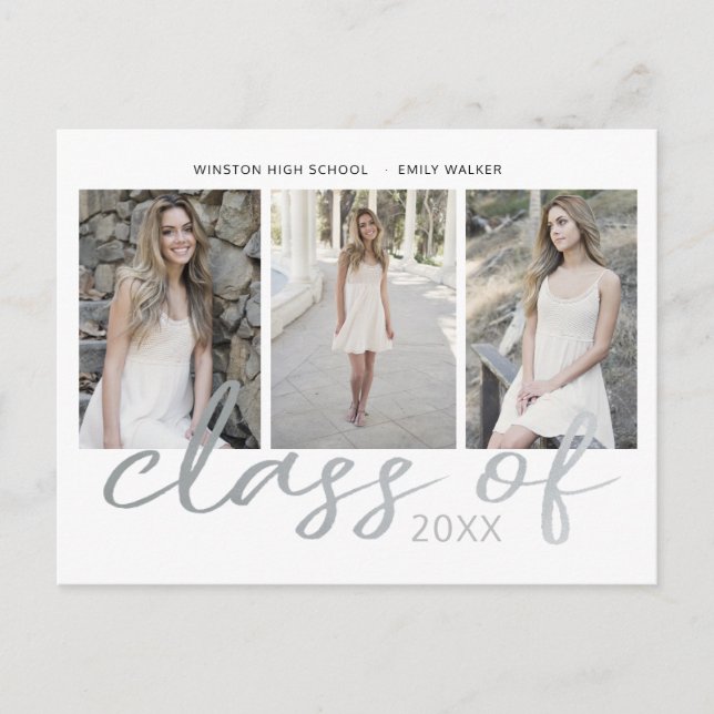 Silver Whimsical Script Photo Graduation Announcement Postcard (Front)
