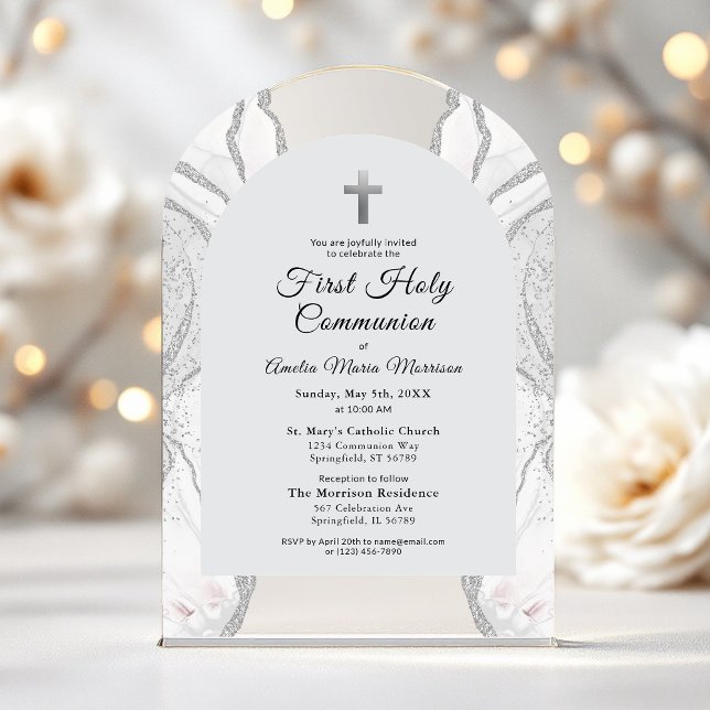 Silver White Agate First Holy Communion Girl Acrylic Invitations (Creator Uploaded)