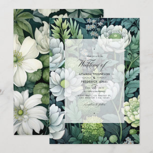 Silver, White, and Forest Green Floral Wedding Invitation
