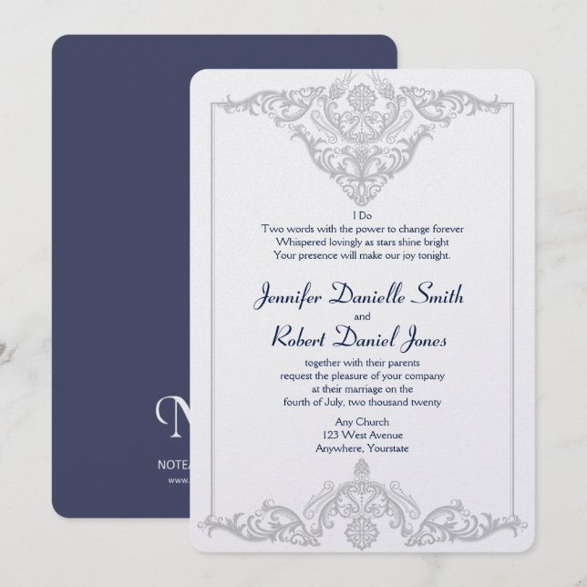 Silver White and Navy Damask Wedding Invitation (Front/Back)