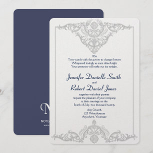 Silver White and Navy Damask Wedding Invitation