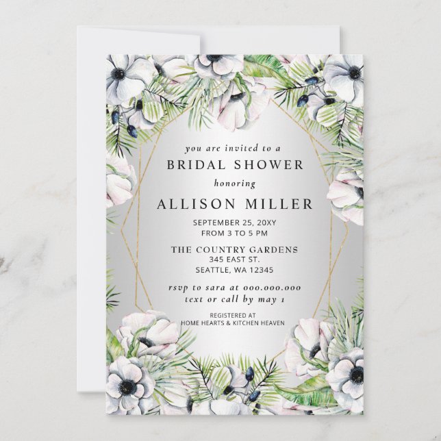 Silver White Anemone Gold Geometric Bridal Shower Invitation (Front)