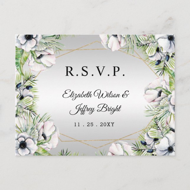 Silver White Anemone Gold Geometric RSVP Invitation Postcard (Front)