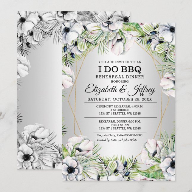 Silver White Anemone I Do BBQ Rehearsal Dinner Inv Invitation (Front/Back)