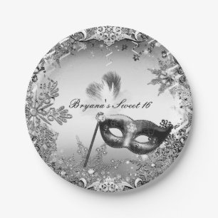 Silver White Black Masquerade & Winter Snowflakes Paper Plate