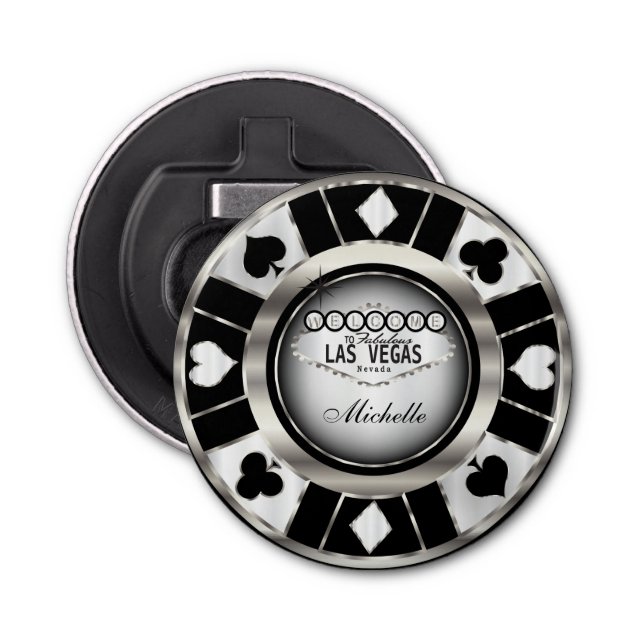 Silver, White, Black Poker Chip  - Personalize Bottle Opener (Front)