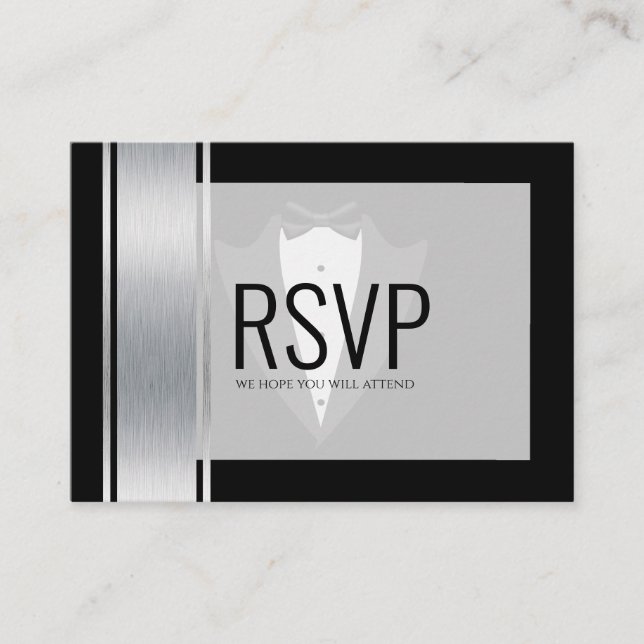 Silver, white & black stripes tuxedo bachelor  pla place card (Front)