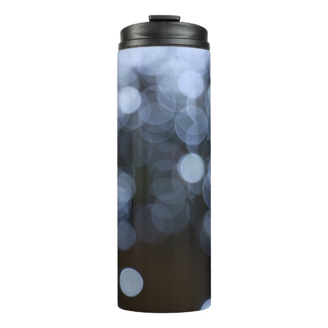 Silver, white bokeh night background. thermal tumbler (Front)