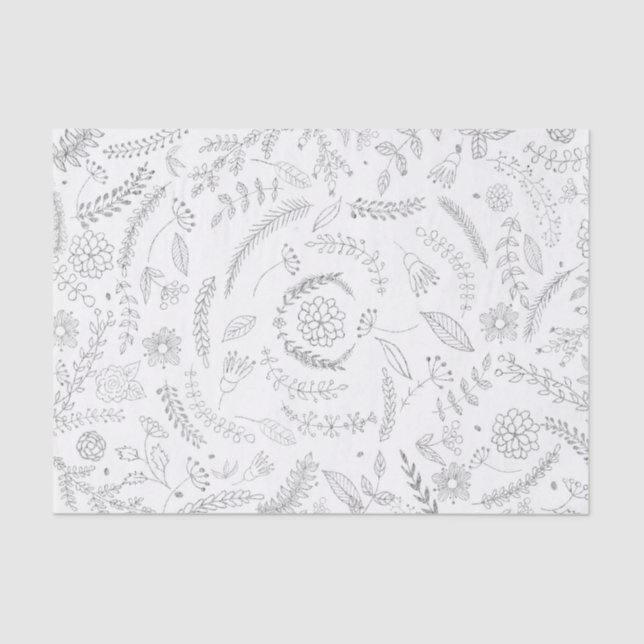 Silver & White Botanical Elegant Glam Floral Tissue Paper (Front)