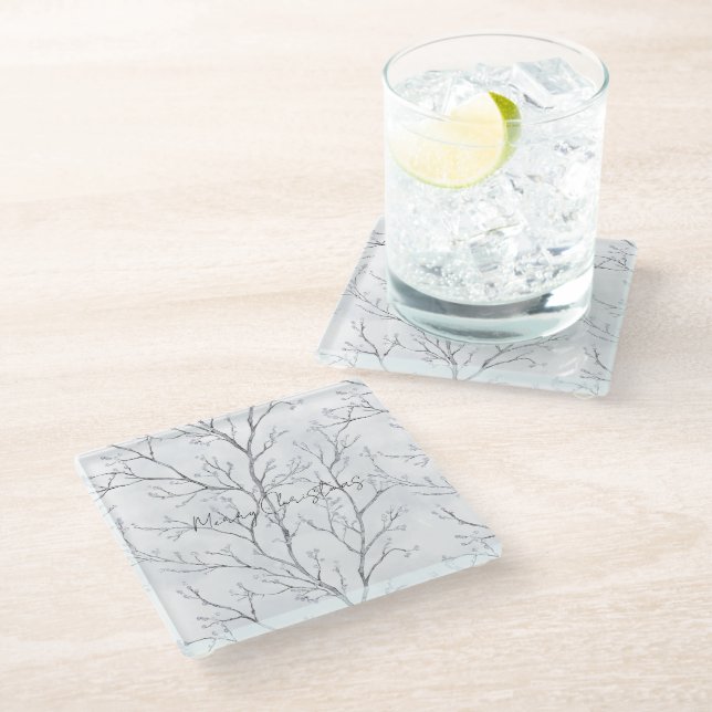 Silver White Christmas Winter Trees Glass Coaster (Angled)