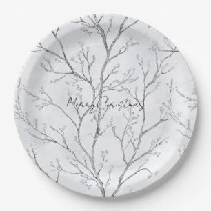 Silver White Christmas Winter Trees Paper Plate