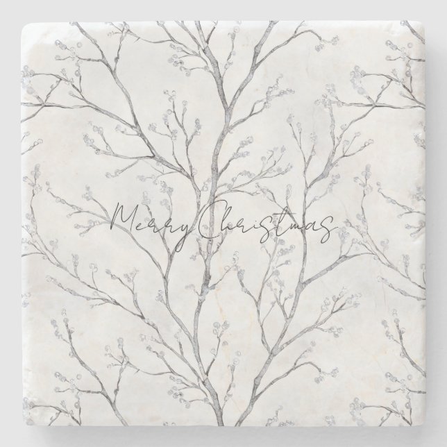 Silver White Christmas Winter Trees Stone Coaster (Front)