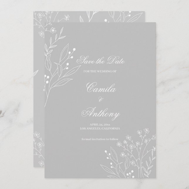 Silver White Corner Floral Boho Wedding Invitation (Front/Back)