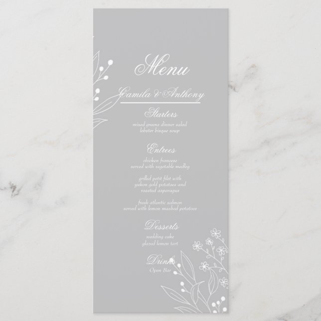 Silver White Corner Floral Boho Wedding Menu (Front)