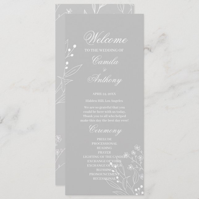 Silver White Corner Floral Boho Wedding Program (Front/Back)