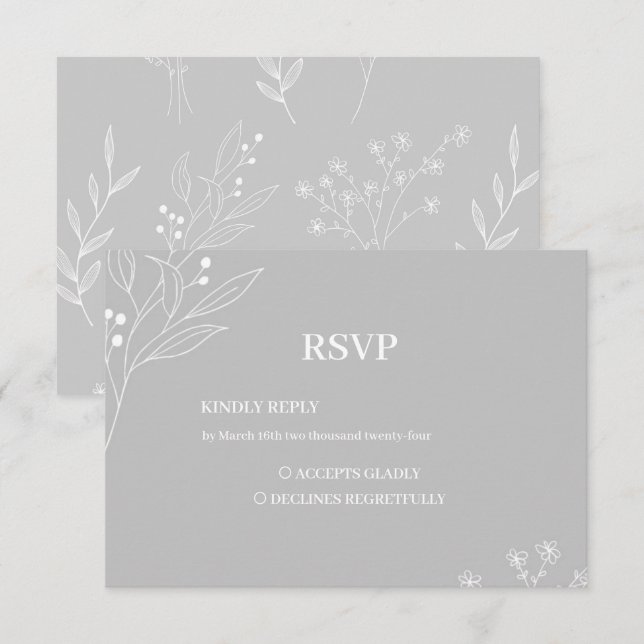 Silver White Corner Floral Boho Wedding RSVP Card (Front/Back)