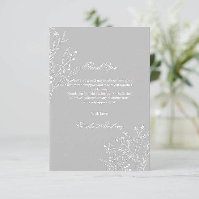 Silver White Corner Floral Boho Wedding Thank You Card (Standing Front)