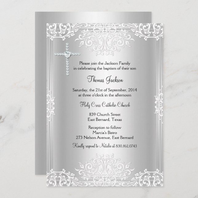 Silver White Damask Baptism/Christening Invite (Front/Back)