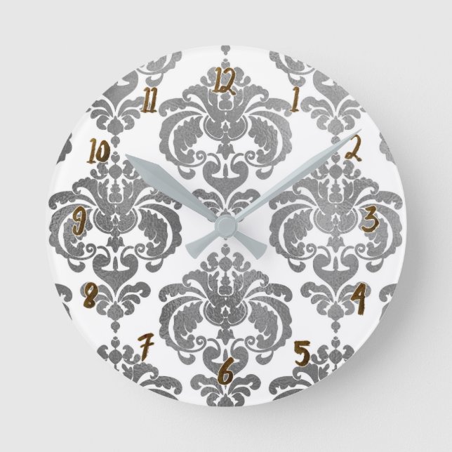 Silver & White Damask Glam Modern Personalized Round Clock (Front)