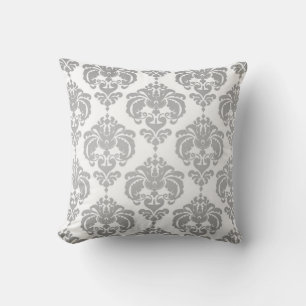 Silver & White Damask Modern Elegant Pattern Throw Pillow