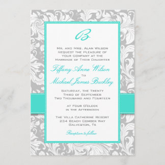Silver white damask turquoise wedding invitation