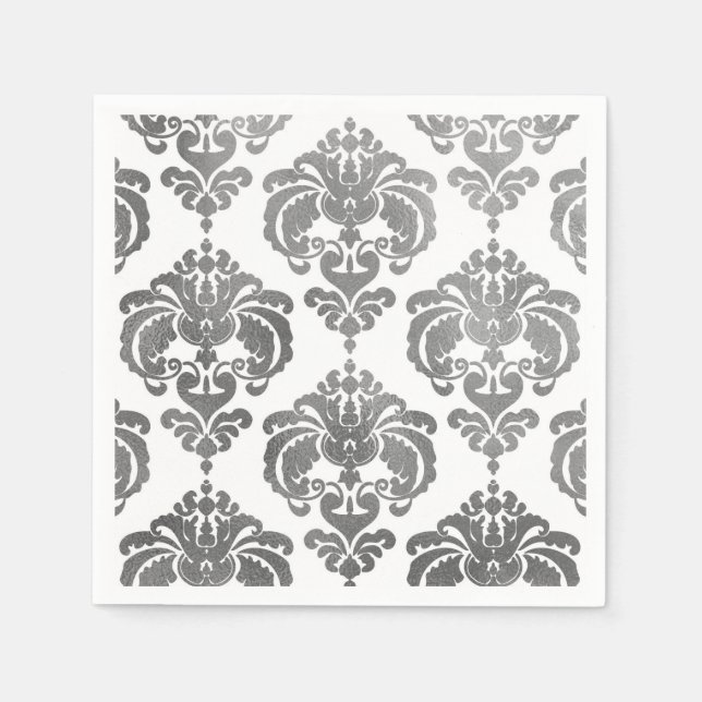Silver & White Damask Vintage Wedding Event Party Napkin (Front)