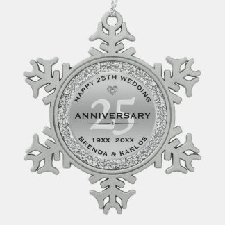 Silver & white diamonds 25th wedding Anniversary Snowflake Pewter Christmas Ornament