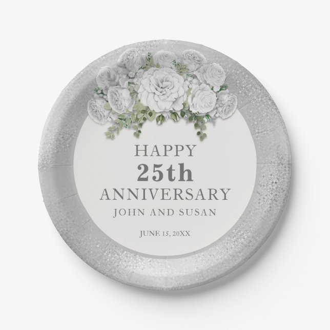 Silver White Floral 25th Wedding Anniversary Paper Plate (Front)
