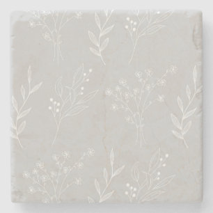 Silver White Floral Boho Wedding Stone Coaster