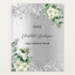Silver white floral eucalyptus elegant planner<br><div class="desc">Faux silver looking background decorated with white florals,  flowers,  eucalyptus greenery and faux silver glitter,  sparkles. Personalize and a year,  name and a title/text</div>