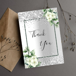Silver white floral glitter elegant glamorous thank you card