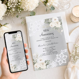 Silver white florals 60th wedding anniversary invitation