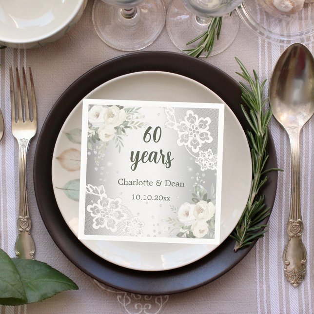 Silver white florals 60th wedding anniversary napkin (Creator Uploaded)
