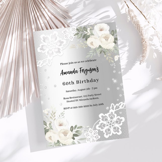Silver white florals diamonds birthday invitation (Creator Uploaded)
