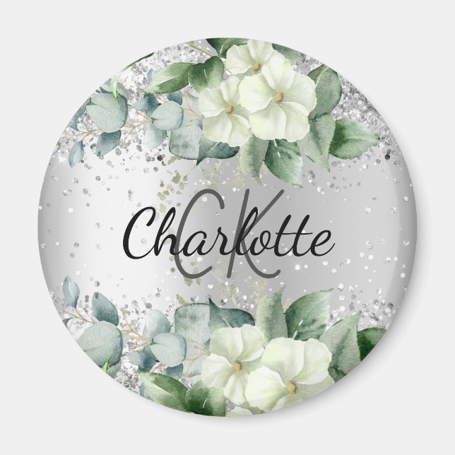 Silver white florals elegant monogram name magnet (Front)