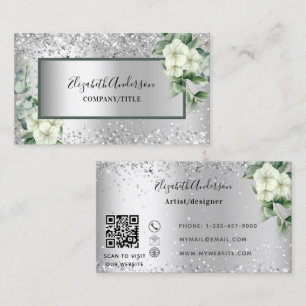 Silver white florals eucalyptus greenery QR code Business Card