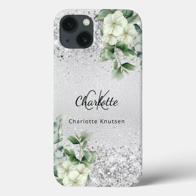 Silver white florals euclayptus monogram name Case-Mate iPhone case (Back)