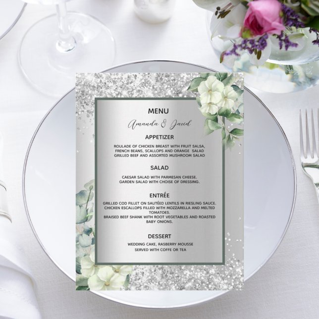 Silver white florals wedding menu card (Creator Uploaded)