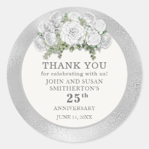 Silver White Flowers 25th Wedding Anniversary Classic Round Sticker