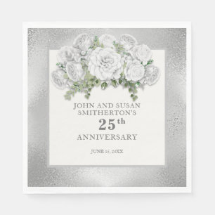 Silver White Flowers 25th Wedding Anniversary Napkin
