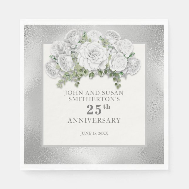 Silver White Flowers 25th Wedding Anniversary Napkin (Front)