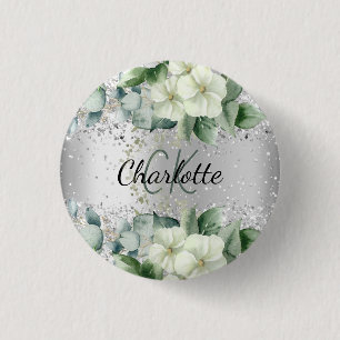 Silver white flowers eucalyptus greenery name tag 1 inch round button