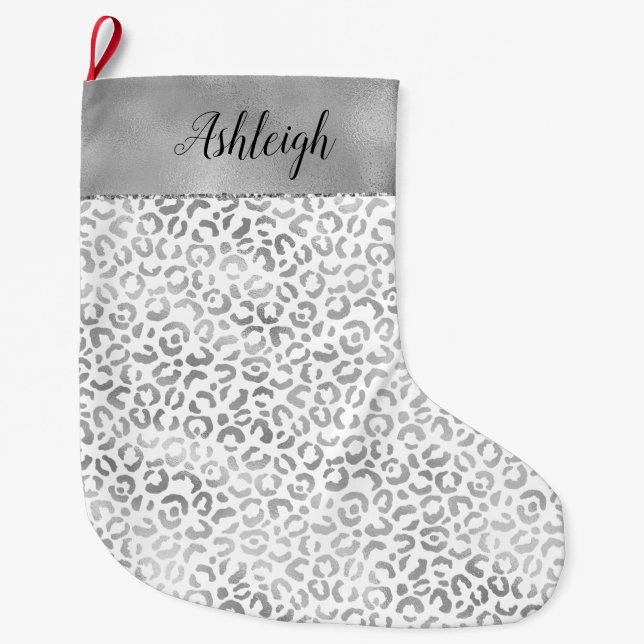 Silver White Glam Leopard Print Large Christmas Stocking (Front)