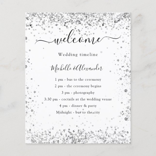 Silver white glitter budget wedding program (Front)