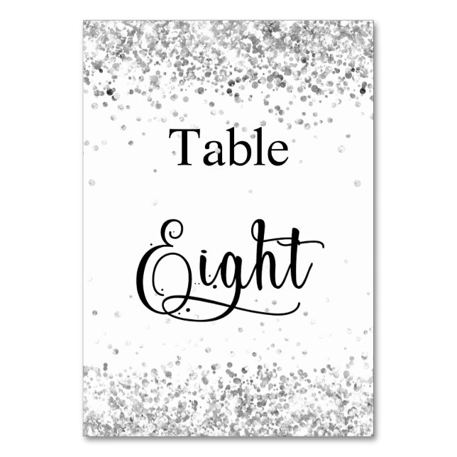 Silver white glitter calligraphy table eight 8 table number (Front)