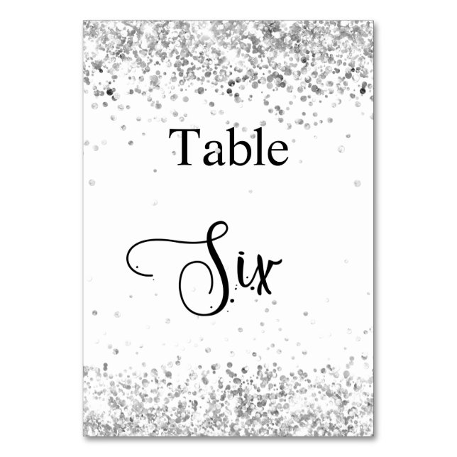Silver white glitter calligraphy table six 6 table number (Front)