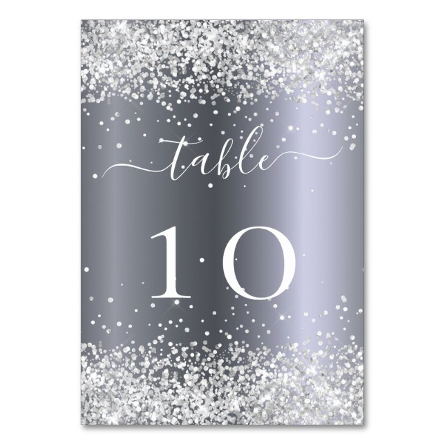 Silver white glitter sparkles glamourous table number (Front)