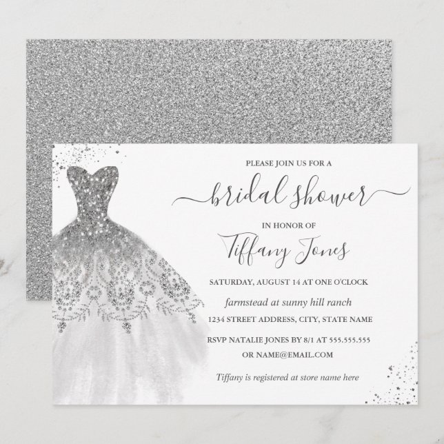 Silver White Glitter Wedding Dress Bridal Shower Invitation (Front/Back)